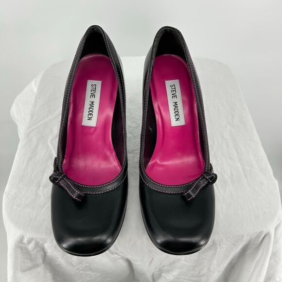 Vintage y2k Womens Black Leather Upper Steve Madden Glare Bow Heel Pumps Sz 6.5M - Picture 4 of 9